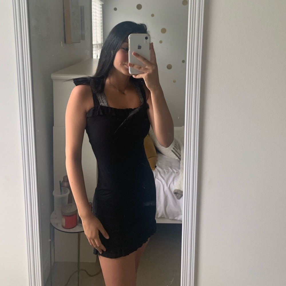 Black Frill tie shoulder body con dress